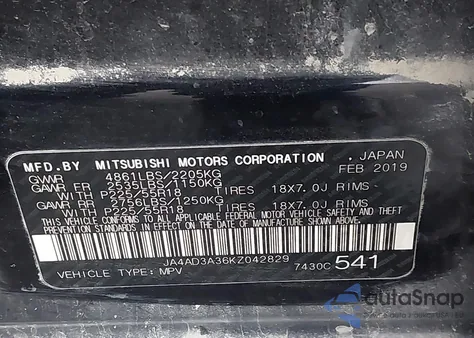 2019 Mitsubishi Outlander Le/Se/Sel from USA, damaged, VIN JA4AD3A36KZ042829